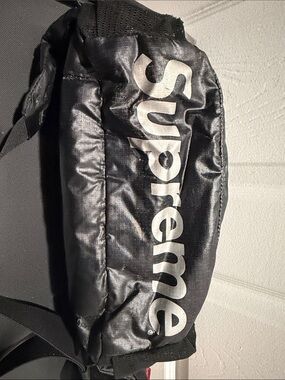 Supreme Black Waist Bag with White Vertical Logo